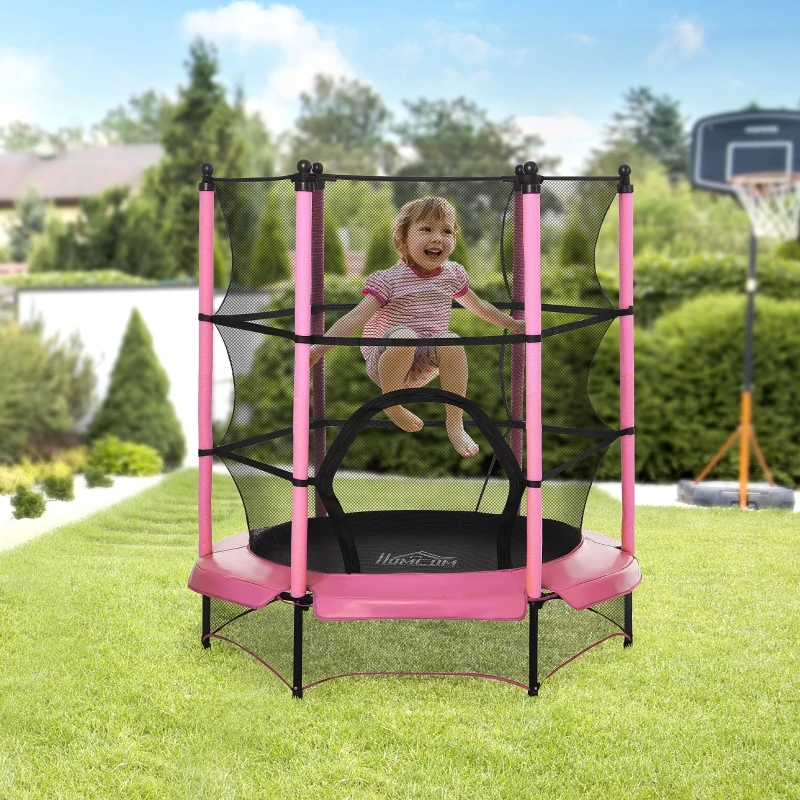 HOMCOM Trampoline Enfant Ø 1,40 × 1,58H m Filet de sécurité Porte zipée Couvre-Ressorts 6 poteaux rembourrés Inclus Rose