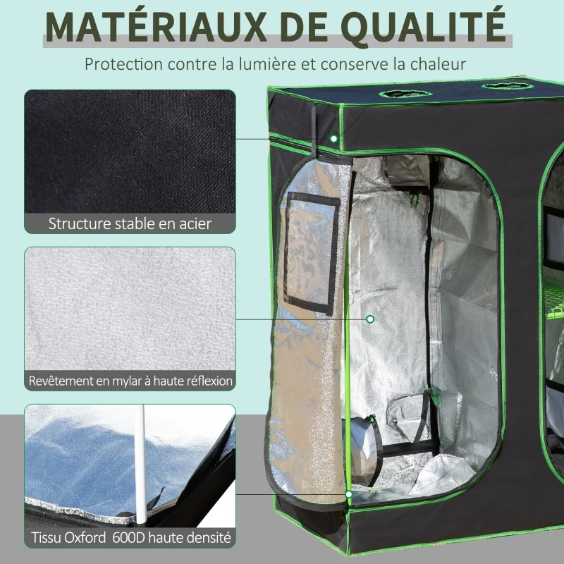 Outsunny Chambre de Culture hydroponique Tente de Culture Grow Box 0,9L x 0,6l x 1,35H m jardinière Incluse Oxford 600D Mylar Noir Vert