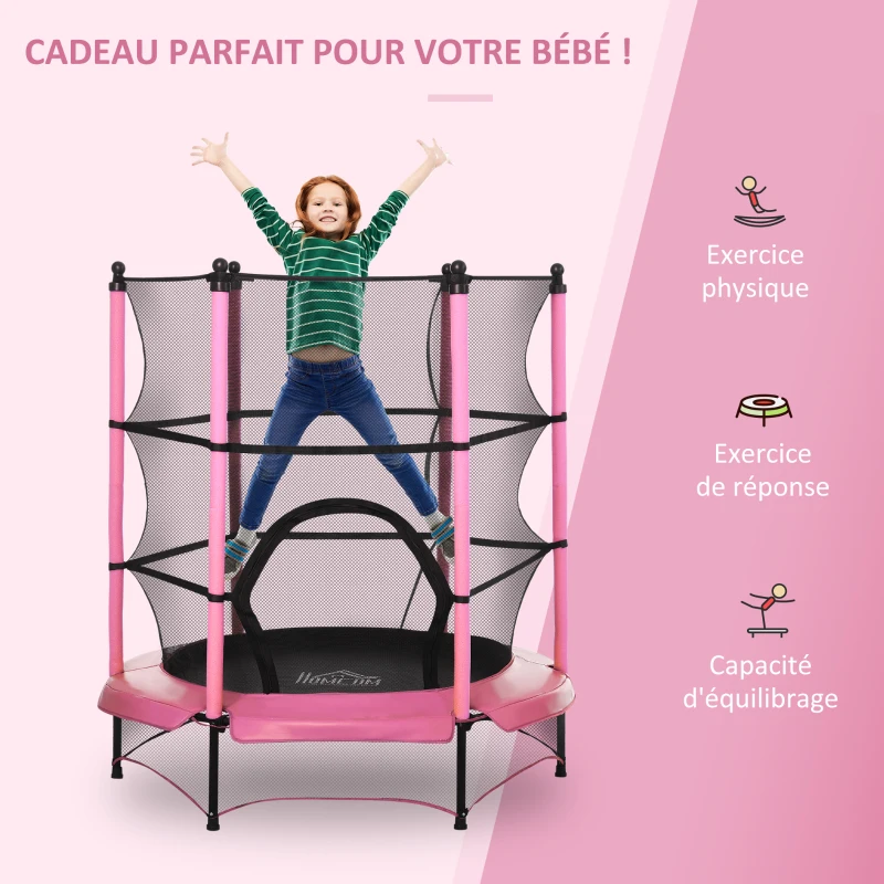 HOMCOM Trampoline Enfant Ø 1,40 × 1,58H m Filet de sécurité Porte zipée Couvre-Ressorts 6 poteaux rembourrés Inclus Rose