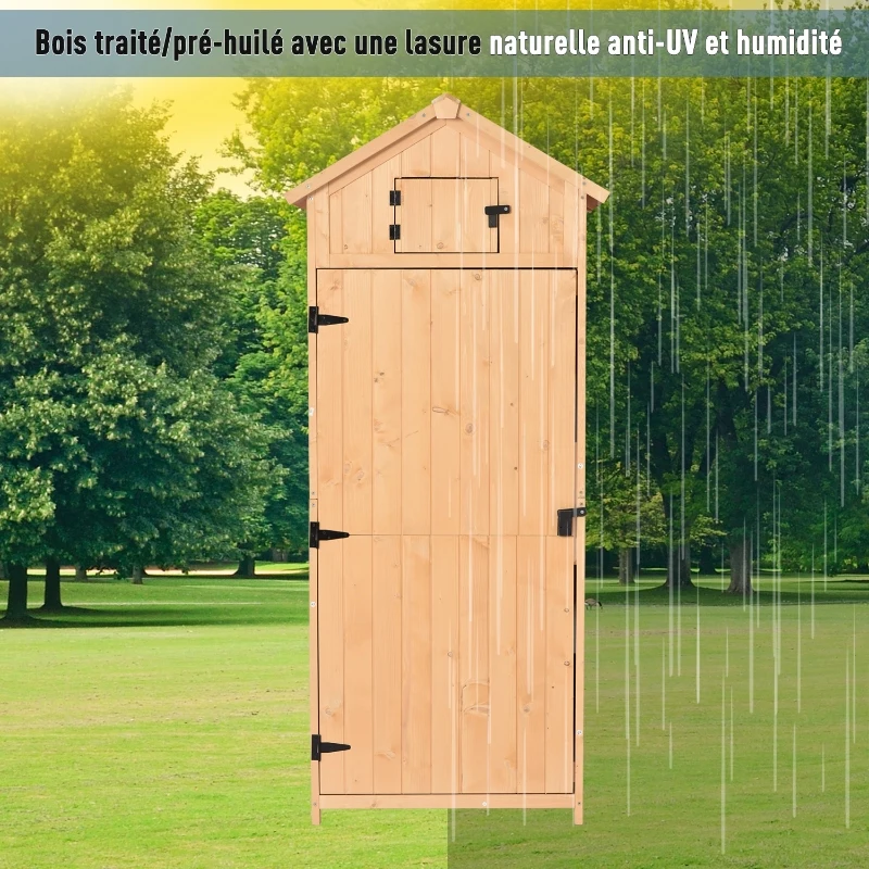 Outsunny Armoire de jardin extérieur abri de jardin en bois abri pour outils 3 étagères 2 Portes loquets Toit Pente bitumé rangement et stockage extérieurs pour terrasse 77 x 54 x 179 cm effet bois naturel