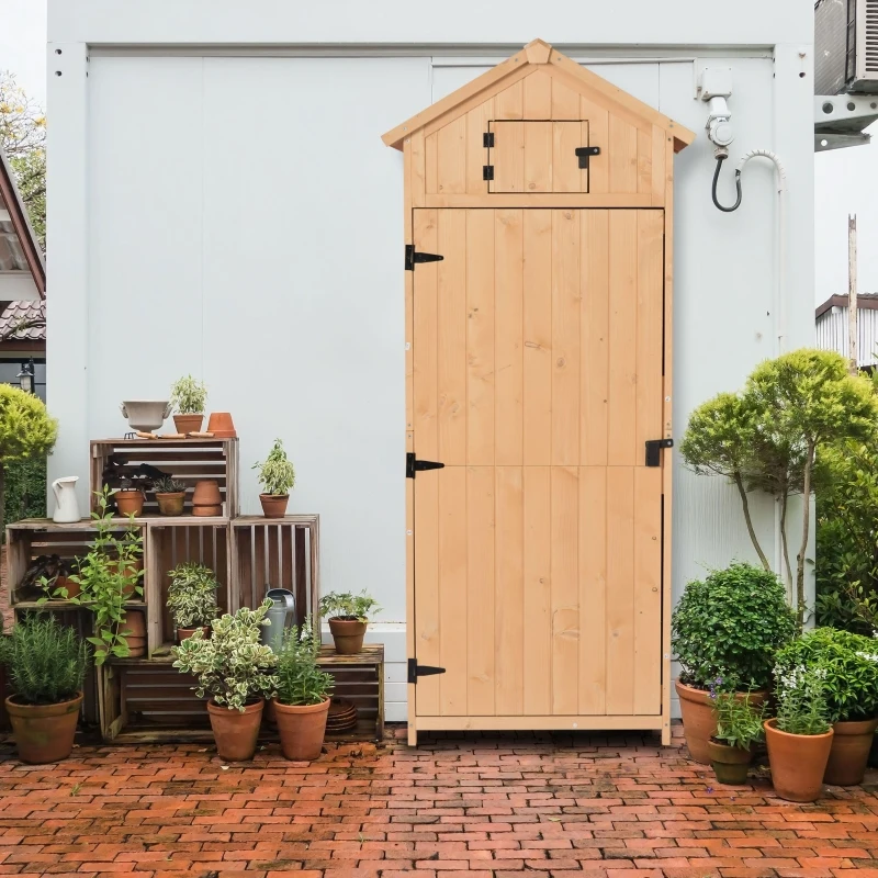 Outsunny Armoire de jardin extérieur abri de jardin en bois abri pour outils 3 étagères 2 Portes loquets Toit Pente bitumé rangement et stockage extérieurs pour terrasse 77 x 54 x 179 cm effet bois naturel