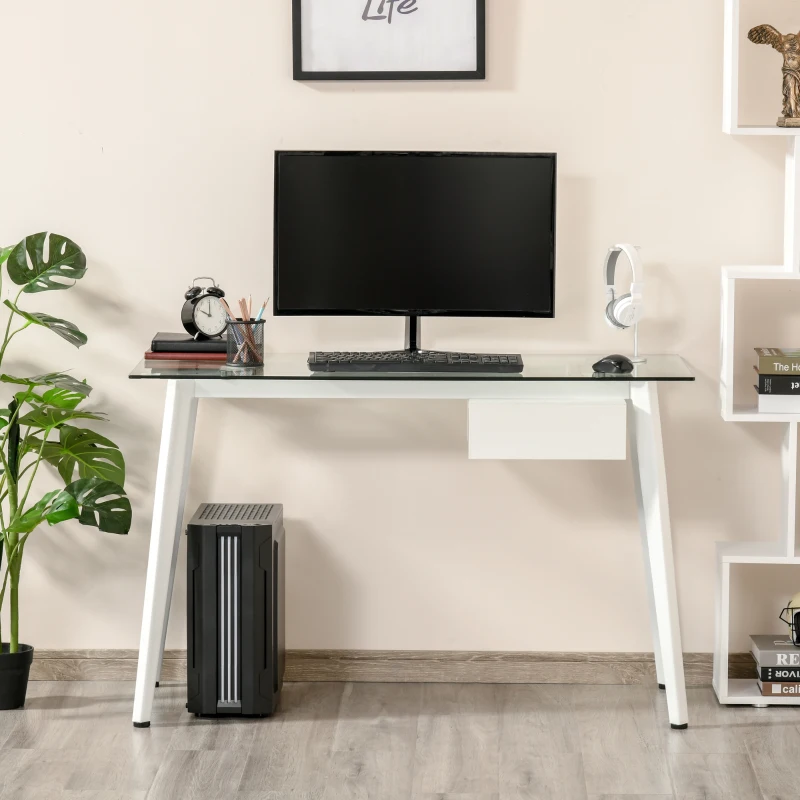 HOMCOM Bureau Informatique multimédia Design Contemporain tiroir Coulissant MDF Plateau Verre trempé châssis métal Blanc