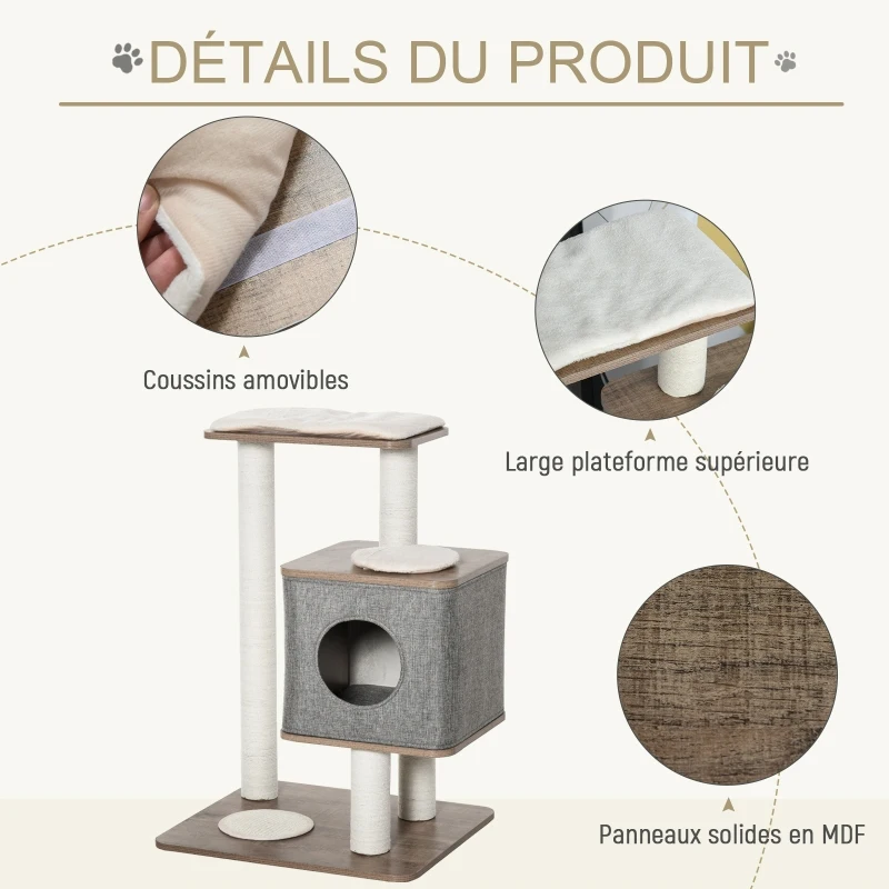 PawHut Arbre à chats design contemporain griffoirs grattoir jute naturelle grande niche plateformes coussins inclus MDF hêtre lin gris