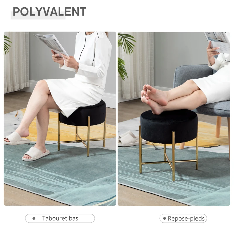 HOMCOM Tabouret rond style art déco châssis piètement acier doré assise aspect velours noir