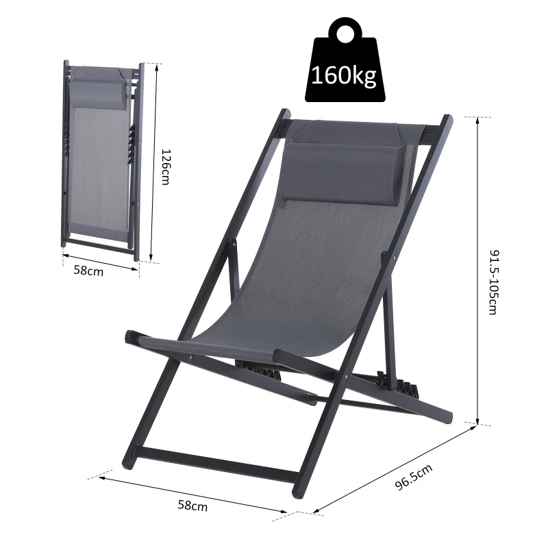 Outsunny Set of 2 Folding Garden Beach Aluminium Frame Deck Chairs Deckchairs Seaside Folding Garden Patio Lounger, Grey