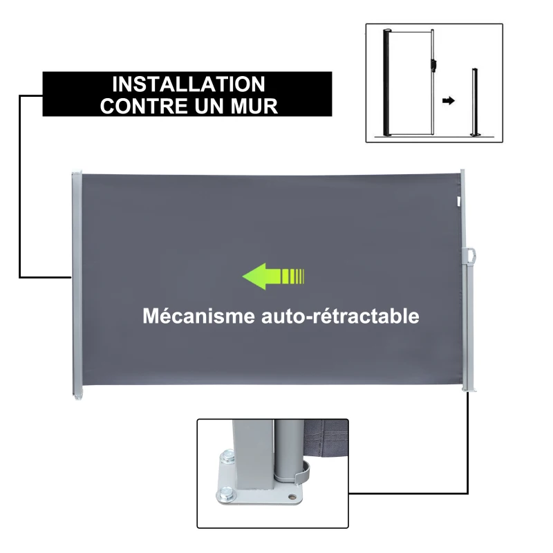 Outsunny Store latéral Brise-Vue paravent rétractable dim. 3L x 1,8H m métal Polyester imperméable Anti-UV Haute densité 180 g/m² Gris