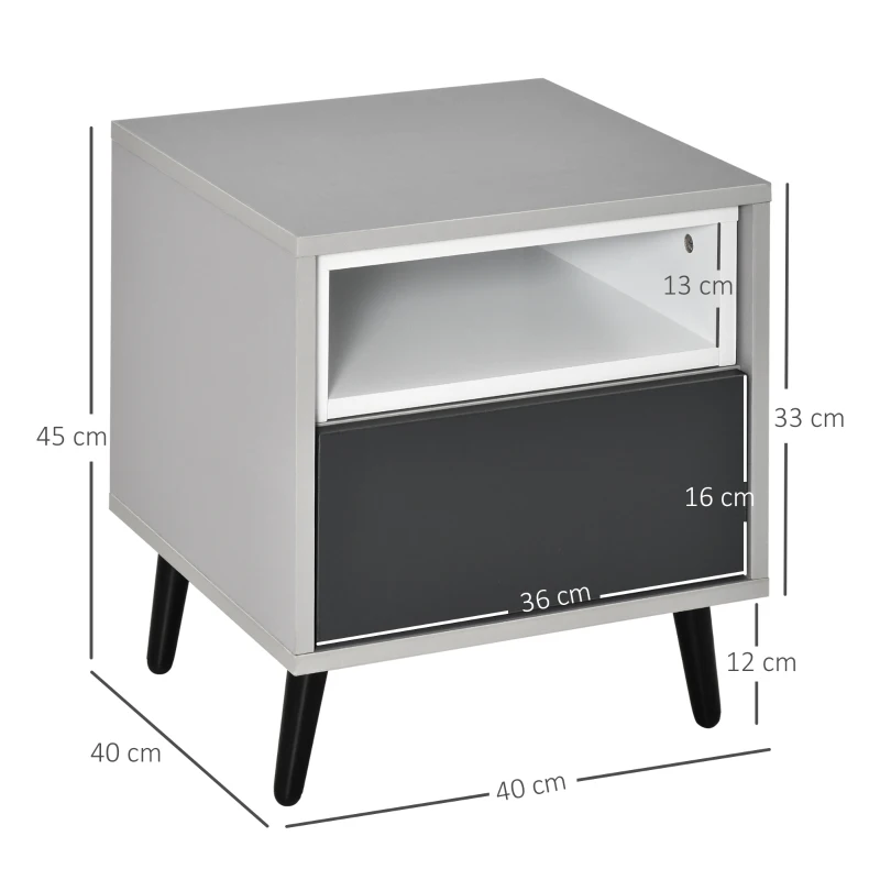 HOMCOM Chevet Table de Nuit Design Contemporain 40L x 40l x 45H cm tiroir + Niche Panneaux Particules Gris Blanc