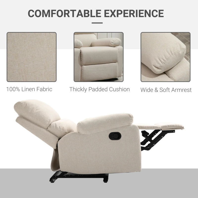 HOMCOM Double-Padded Manual Recliner Armchair w/ Footrest Metal Frame Adjustable Home Seat Bedroom Living Room TV Gaming Beige