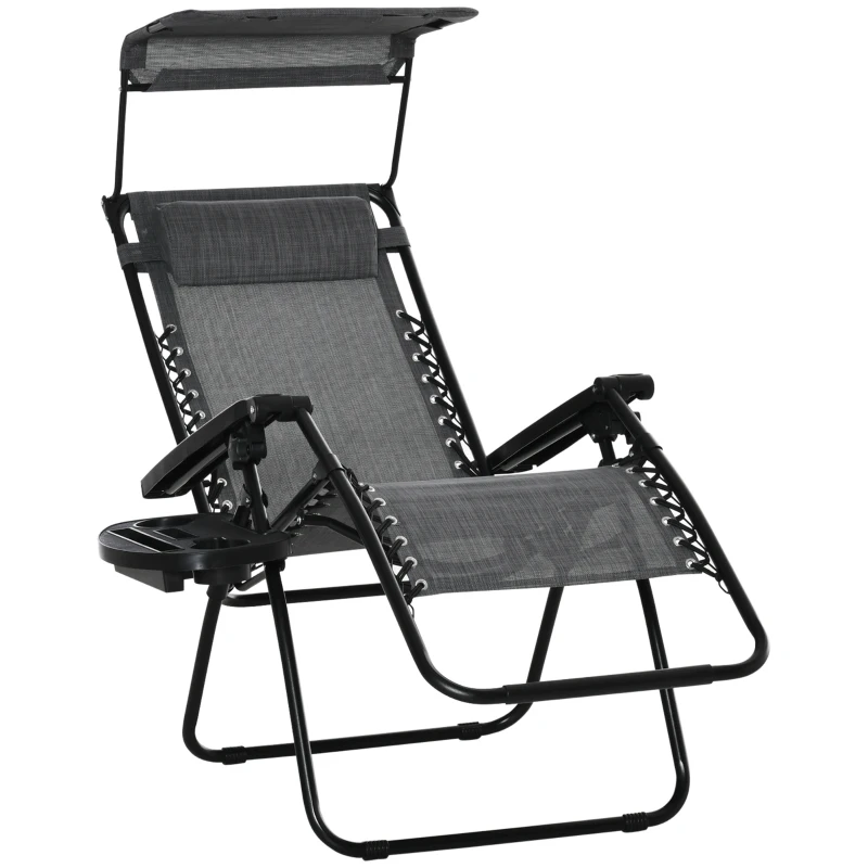 Outsunny Zero Gravity Garden Deck Folding Chair Texteline Patio Sun Lounger Reclining Seat with Cup Holder & Canopy Shade - Grey
