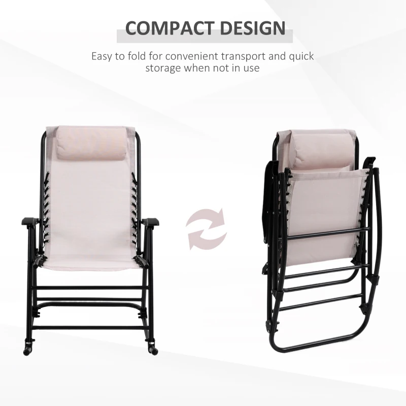 Outsunny Garden Rocking Chair Folding Outdoor Portable Zero Gravity Chair w/ Headrest-Beige