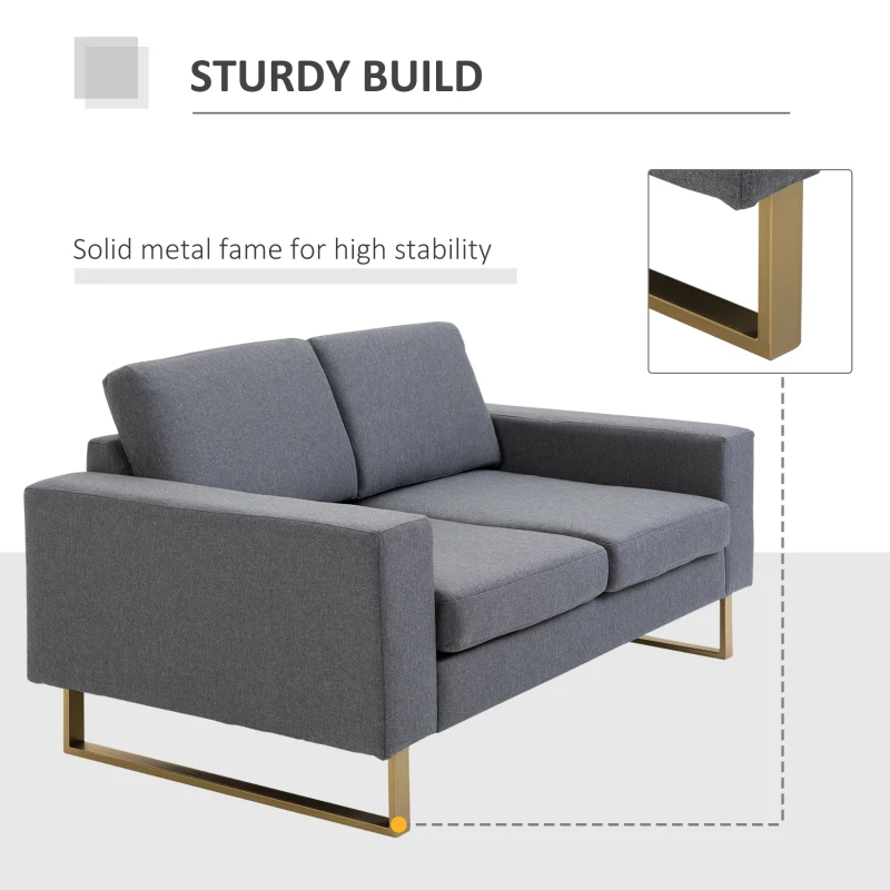 HOMCOM Modern Double 2 Seat Sofa Compact Loveseat Couch Padded Linen Upholstery Steel Leg Grey