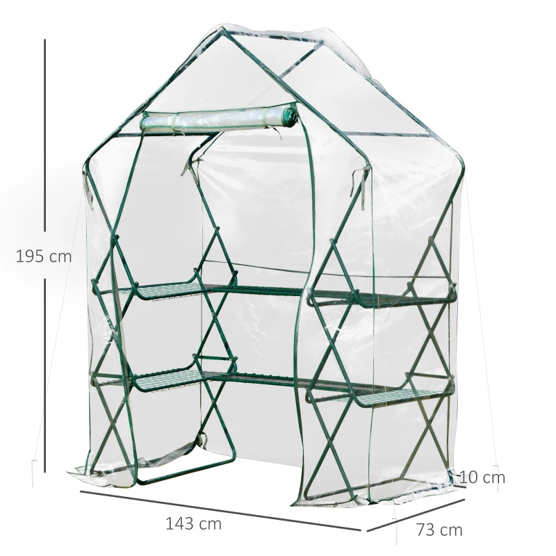 Outsunny Serre de jardin pliable 6 tablettes dim. 1,43L x 0,73l x 1,95H m porte déroulante acier vert PVC haute densité transparent