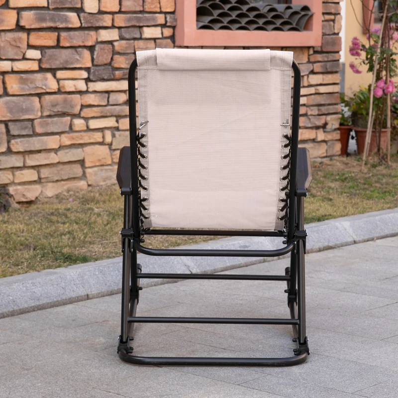 Outsunny Garden Rocking Chair Folding Outdoor Portable Zero Gravity Chair w/ Headrest-Beige