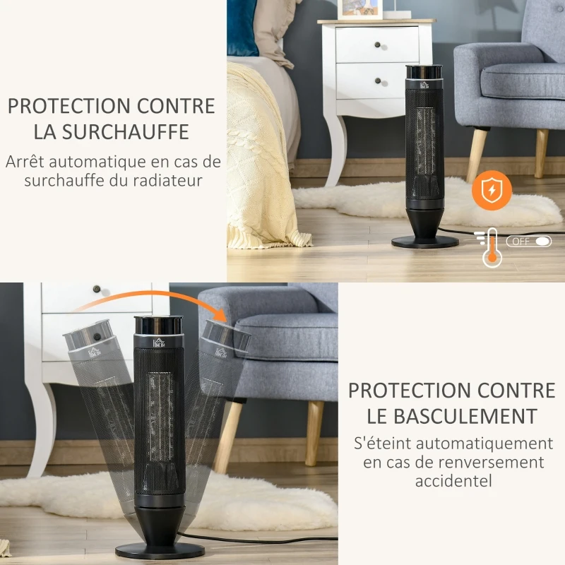 HOMCOM Chauffage soufflant oscillant 2000 W - mini radiateur céramique PTC - 3 modes - télécommande incluse - chauffage d'appoint noir