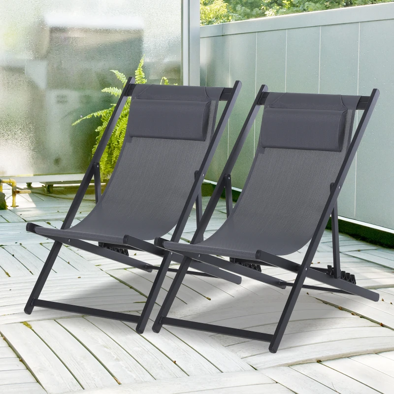 Outsunny Set of 2 Folding Garden Beach Aluminium Frame Deck Chairs Deckchairs Seaside Folding Garden Patio Lounger, Grey
