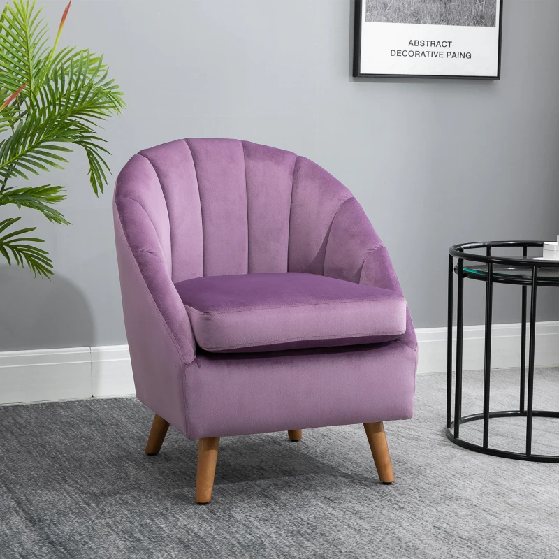 HOMCOM Velvet Armchair, Modern Accent Chair, Upholstered Tub Chair with Solid Wood Legs and Seat Cushion for Living Room, Violet