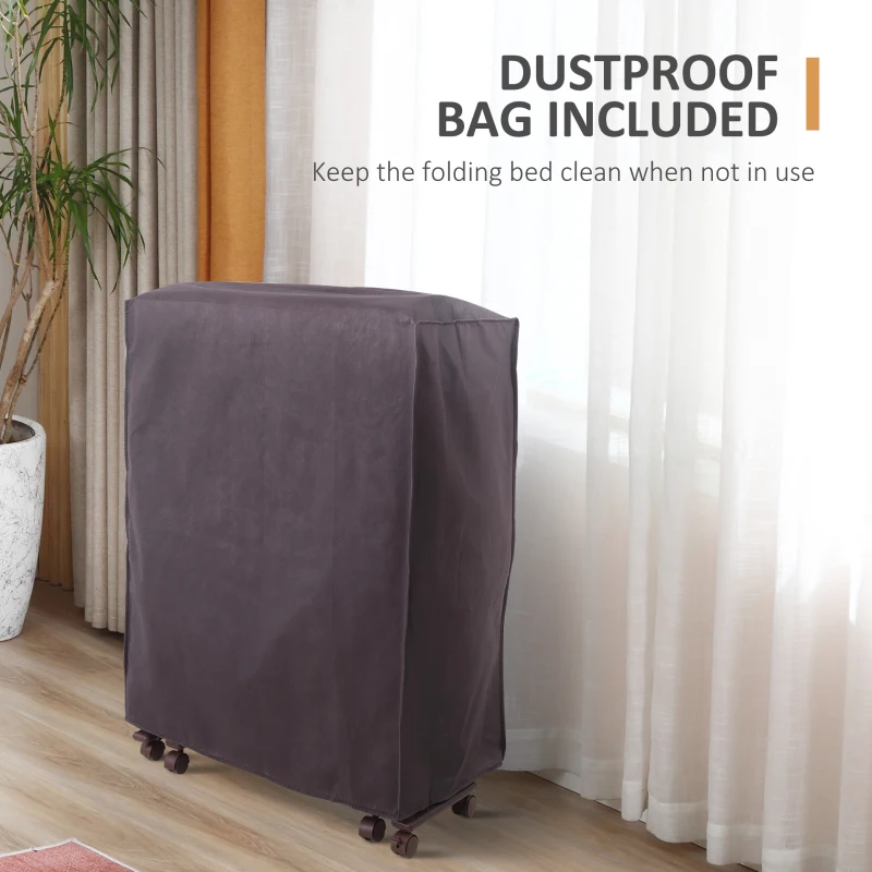 HOMCOM Folding Bed with Mattress, Single Guest Bed, Portable Fold Bed with Adjustable Backrest, Metal Frame on Wheels, White, 190 x 76 cm(m-8)