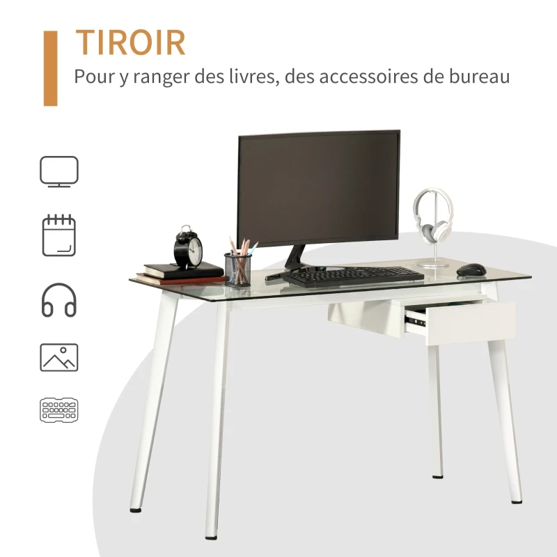 HOMCOM Bureau Informatique multimédia Design Contemporain tiroir Coulissant MDF Plateau Verre trempé châssis métal Blanc