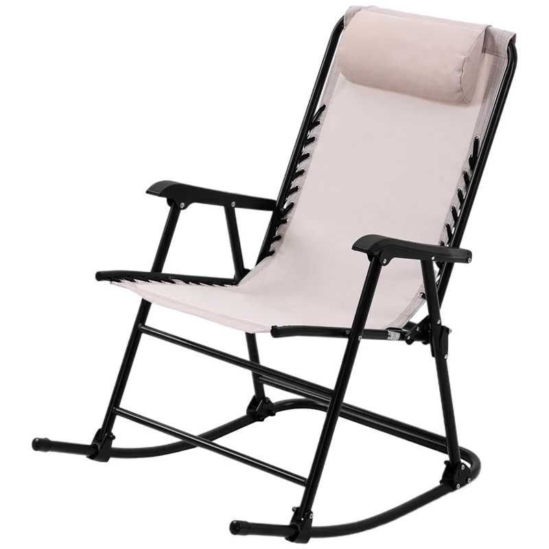 Outsunny Garden Rocking Chair Folding Outdoor Portable Zero Gravity Chair w/ Headrest-Beige