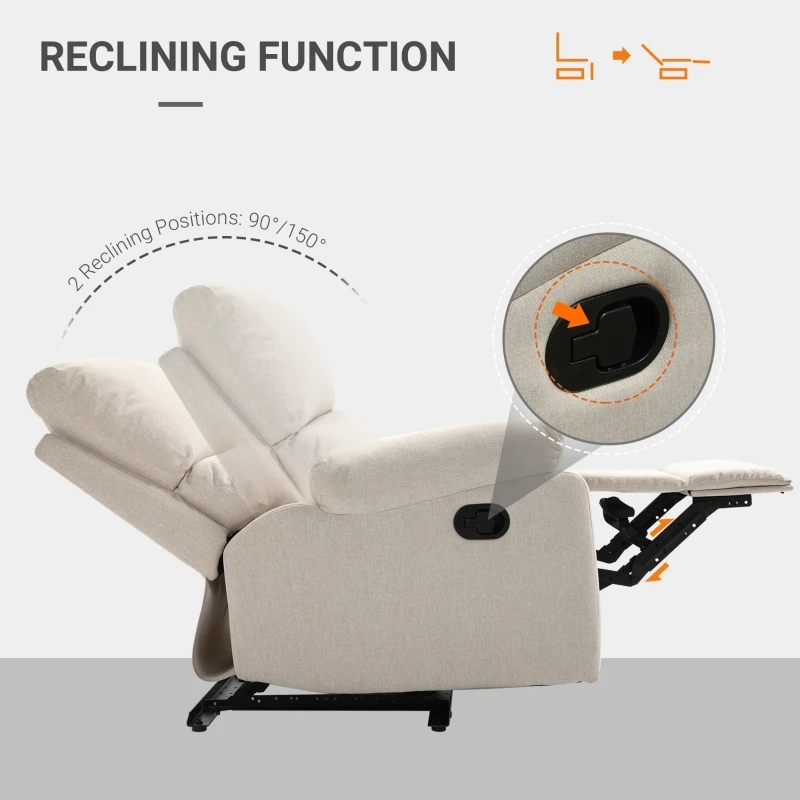 HOMCOM Double-Padded Manual Recliner Armchair w/ Footrest Metal Frame Adjustable Home Seat Bedroom Living Room TV Gaming Beige