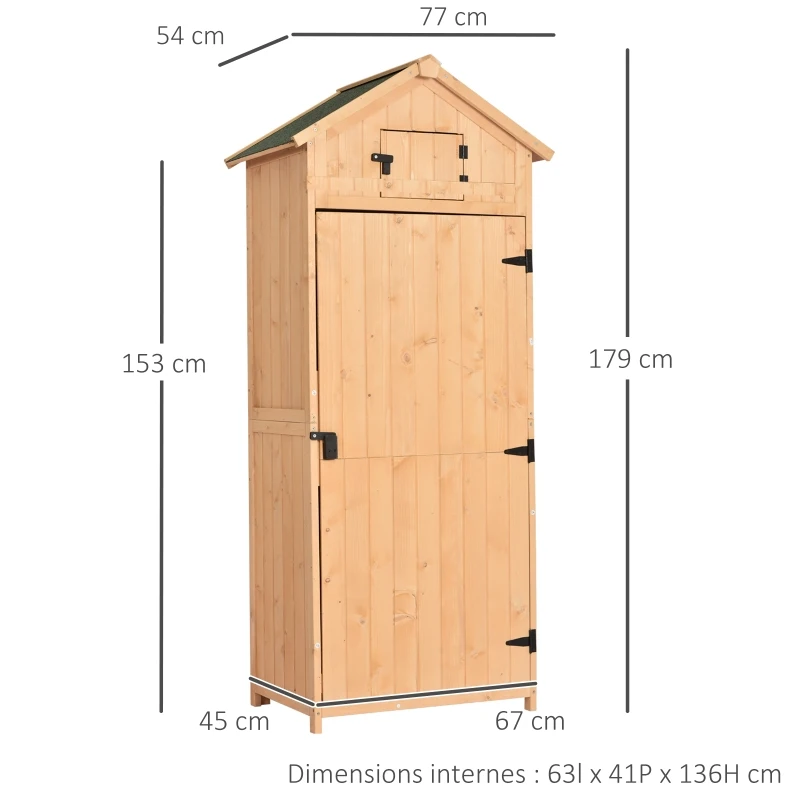 Outsunny Armoire de jardin extérieur abri de jardin en bois abri pour outils 3 étagères 2 Portes loquets Toit Pente bitumé rangement et stockage extérieurs pour terrasse 77 x 54 x 179 cm effet bois naturel