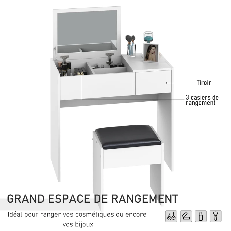 HOMCOM Coiffeuse Table de Maquillage Design Contemporain 80L x 40l x 79H cm Miroir escamotable, tiroir, Coffre + Tabouret Noir