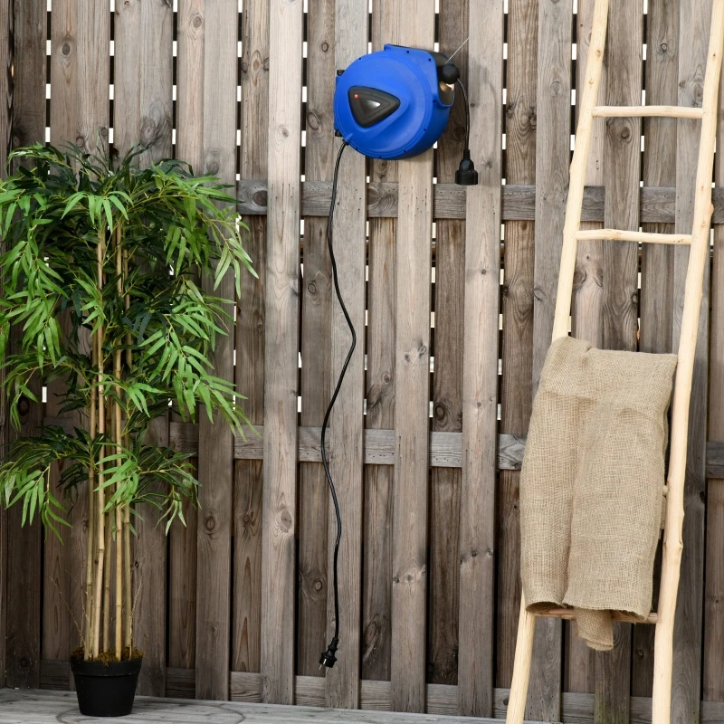 HOMCOM Enrouleur de câble électrique automatique 10 m - enrouleur électrique pivotant 180° support mural intégré bleu noir