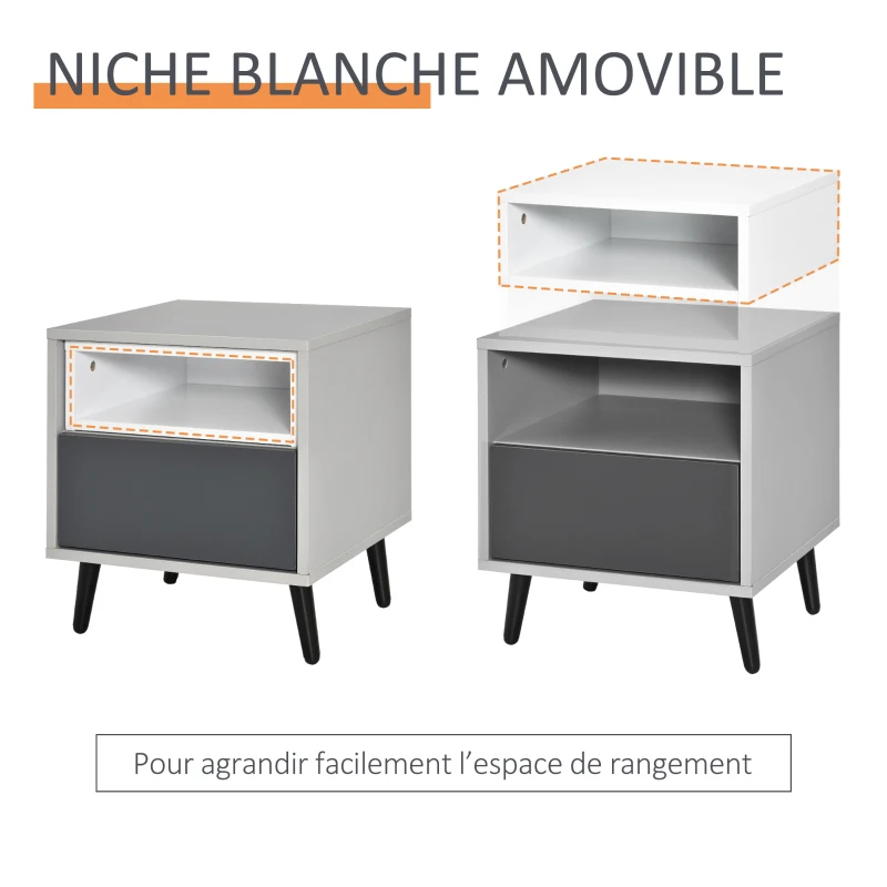 HOMCOM Chevet Table de Nuit Design Contemporain 40L x 40l x 45H cm tiroir + Niche Panneaux Particules Gris Blanc