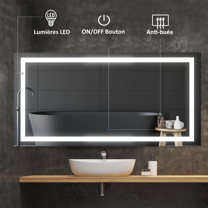 HOMCOM Miroir Lumineux LED Salle de Bain Miroir rectangulaire 53 W Fonction antibuée Interrupteur Tactile 120L x 60l cm