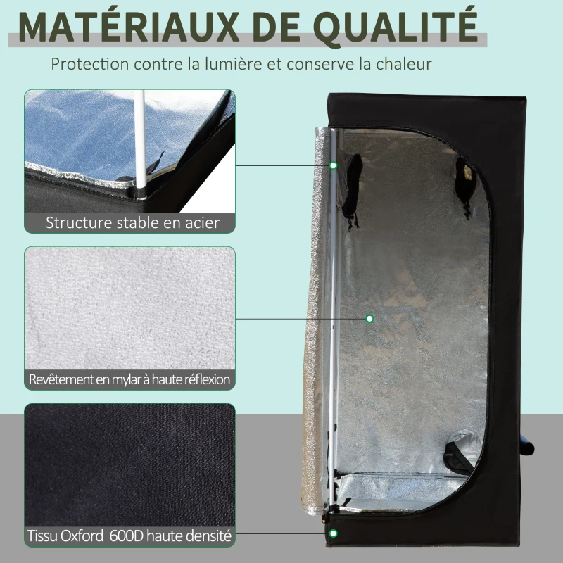 Outsunny Chambre de Culture hydroponique Tente de Culture Grow Box 0,6L x 0,6l x 1,4H m Oxford 600D Mylar Noir