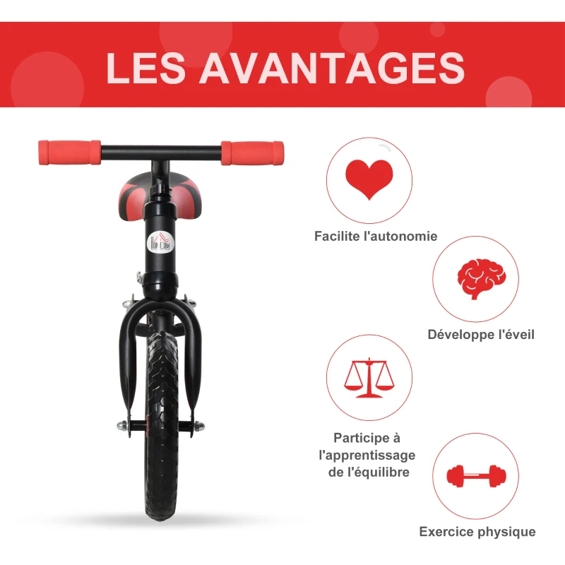 HOMCOM Draisienne Enfant Vélo Sans Pédales Roues 12" EVA Hauteur Selle réglable pour Enfants de 2 à 5 ans Acier Noir