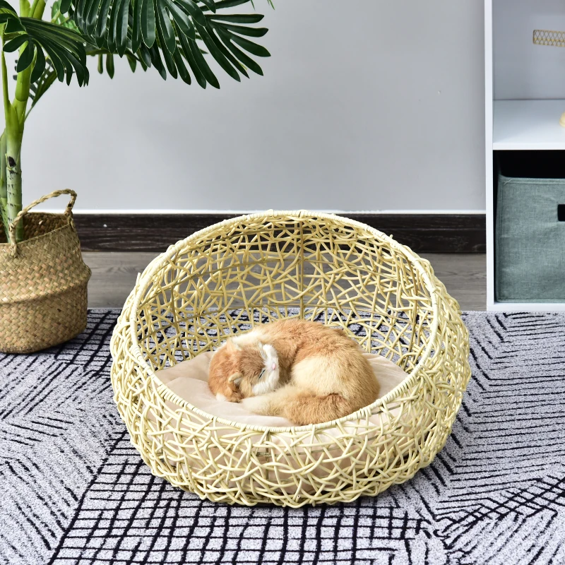 PawHut Panier chat lit chat cosy grand confort dim. Ø 56 x 35H cm coussin moelleux inclus PVC imitation rotin beige