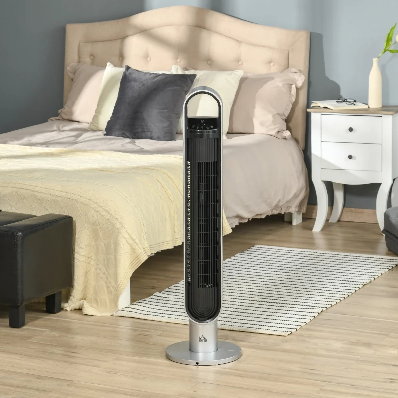 HOMCOM 39" Anion Freestanding Tower Fan Cooling for Bedroom with Oscillating, 3 Speeds, 3 Modes, 12h Timer, LED Sensor Panel, Remote Controller, 60W, Silver