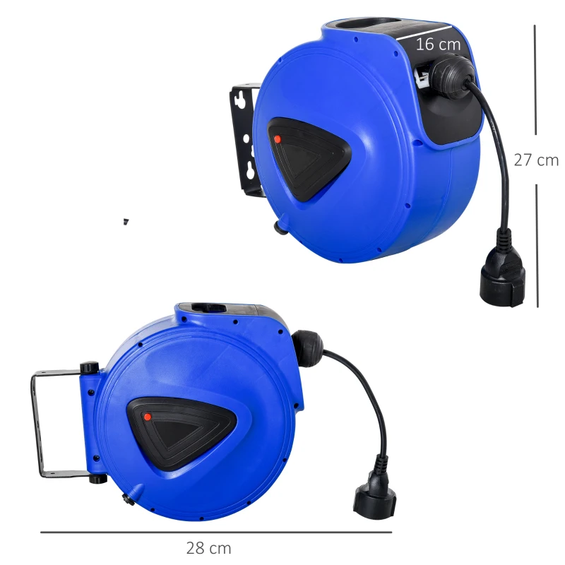 HOMCOM Enrouleur de câble électrique automatique 10 m - enrouleur électrique pivotant 180° support mural intégré bleu noir