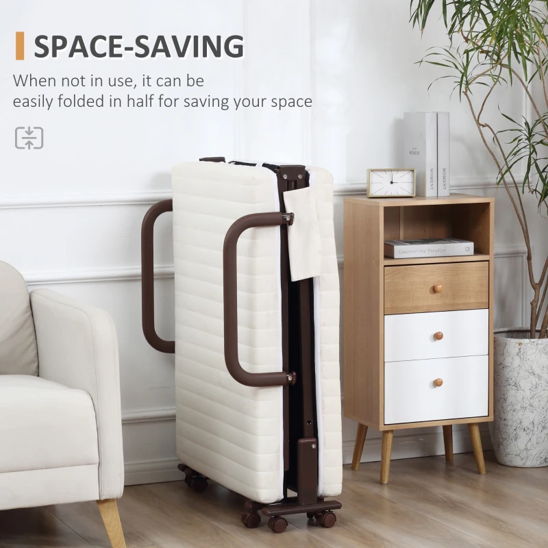 HOMCOM Folding Bed with Mattress, Single Guest Bed, Portable Fold Bed with Adjustable Backrest, Metal Frame on Wheels, White, 190 x 76 cm(m-5)