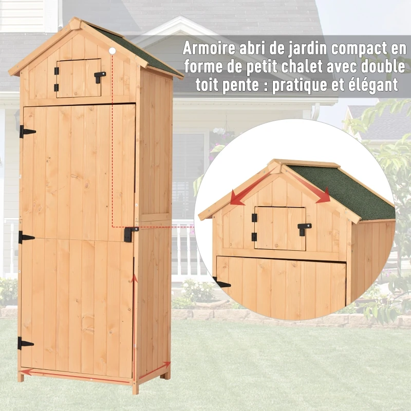 Outsunny Armoire de jardin extérieur abri de jardin en bois abri pour outils 3 étagères 2 Portes loquets Toit Pente bitumé rangement et stockage extérieurs pour terrasse 77 x 54 x 179 cm effet bois naturel