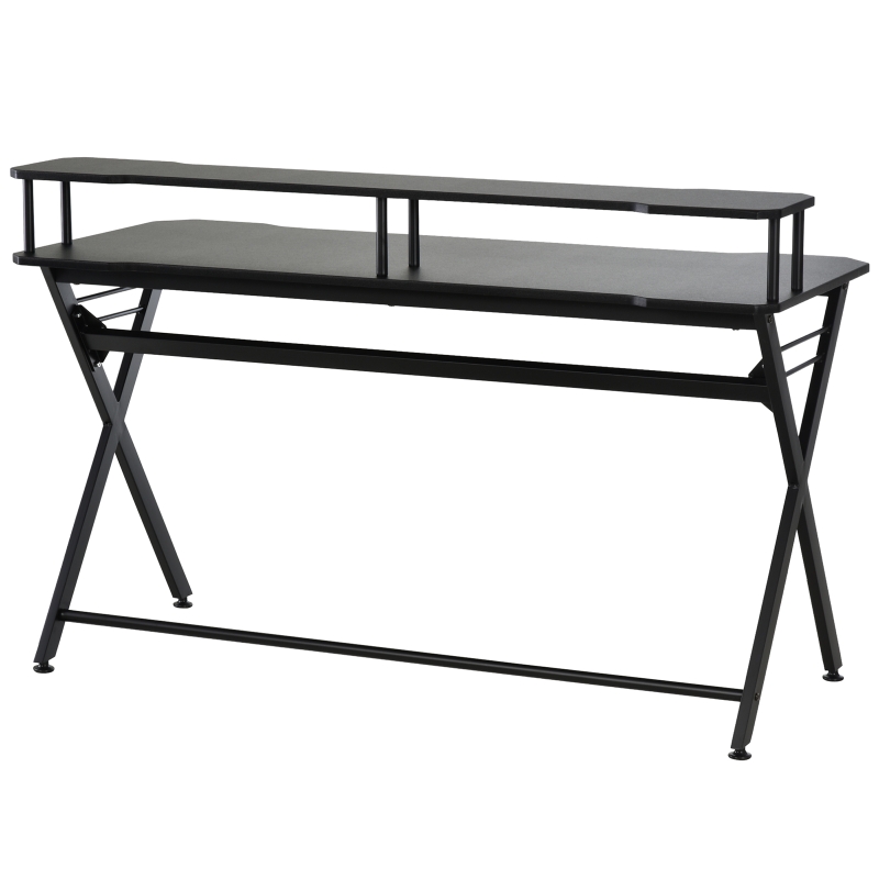 Bureau gaming support casque grand plateau MDF + étagère écran châssis métal noir