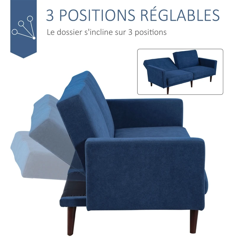 HOMCOM Canapé Convertible 2 Places Dossier inclinable 3 Positions Pieds Bois Eucalyptus Velours 100% Polyester Bleu
