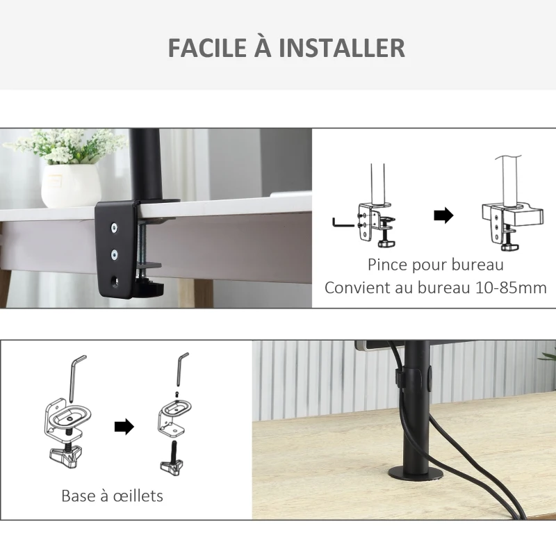Vinsetto Support écran PC à double support pour 2 moniteur de 13-32 pouces réglable en hauteur inclinable et pivotant supportant VESA 75x75/100x100 mm en acier stable noir