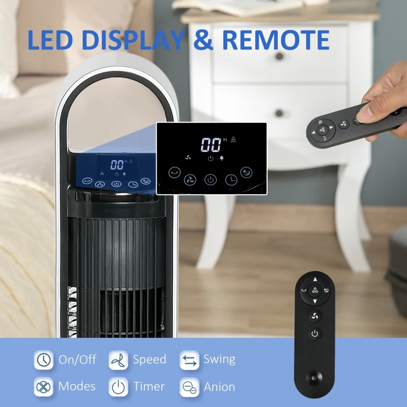 HOMCOM 39" Anion Freestanding Tower Fan Cooling for Bedroom with Oscillating, 3 Speeds, 3 Modes, 12h Timer, LED Sensor Panel, Remote Controller, 60W, Silver