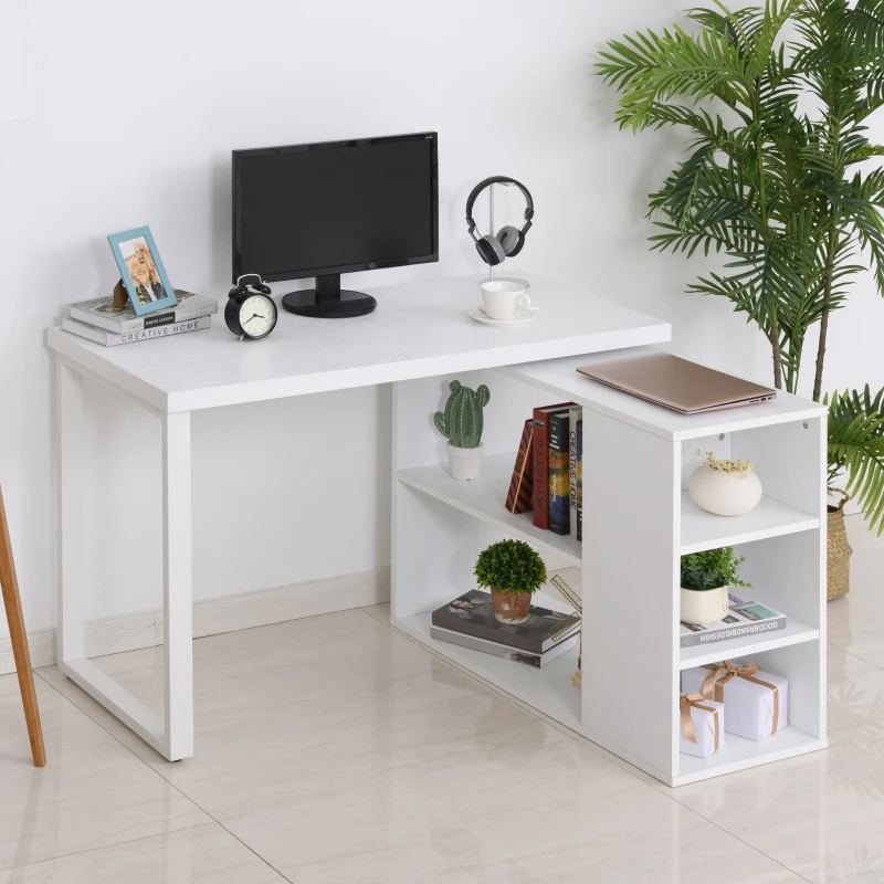 HOMCOM Bureau Informatique Table Informatique Modulable Design Contemporain Pivotant 2 Plateaux Multi-rangements 120 x 108 x 76 cm Blanc
