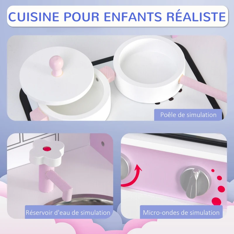 HOMCOM Cuisine Bois Jeu d'imitation - Cuisine Rose Enfant - Nombreux Accessoires & rangements Inclus - Fonction sonore - MDF pin Rose Blanc