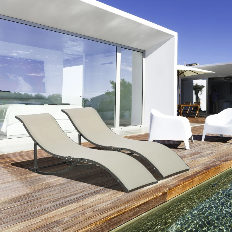 Outsunny Set of 2 S-shaped Lounge Chair Foldable Sleeping Bed 165x61x63cm Khaki