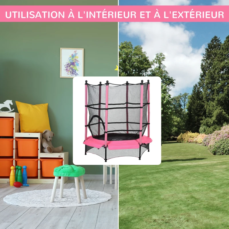 HOMCOM Trampoline Enfant Ø 1,40 × 1,58H m Filet de sécurité Porte zipée Couvre-Ressorts 6 poteaux rembourrés Inclus Rose