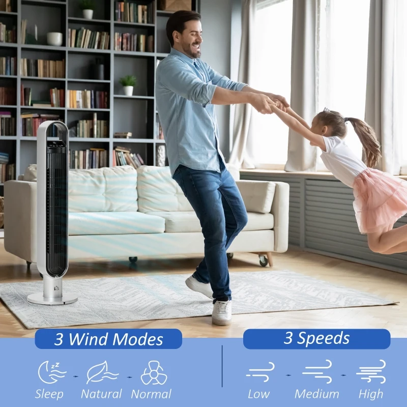 HOMCOM 39" Anion Freestanding Tower Fan Cooling for Bedroom with Oscillating, 3 Speeds, 3 Modes, 12h Timer, LED Sensor Panel, Remote Controller, 60W, Silver