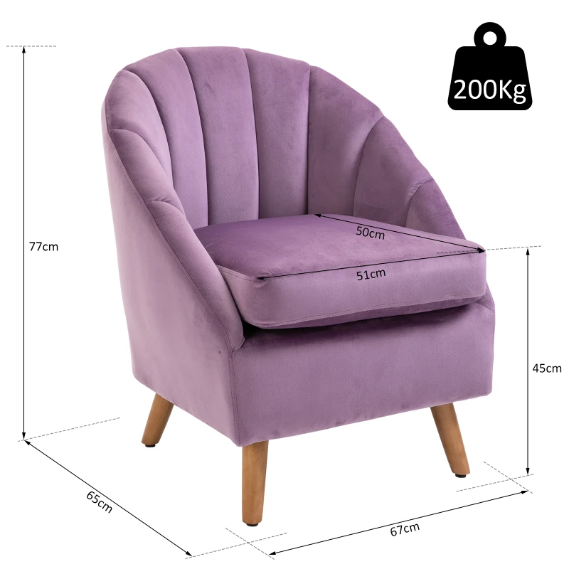 HOMCOM Velvet Armchair, Modern Accent Chair, Upholstered Tub Chair with Solid Wood Legs and Seat Cushion for Living Room, Violet