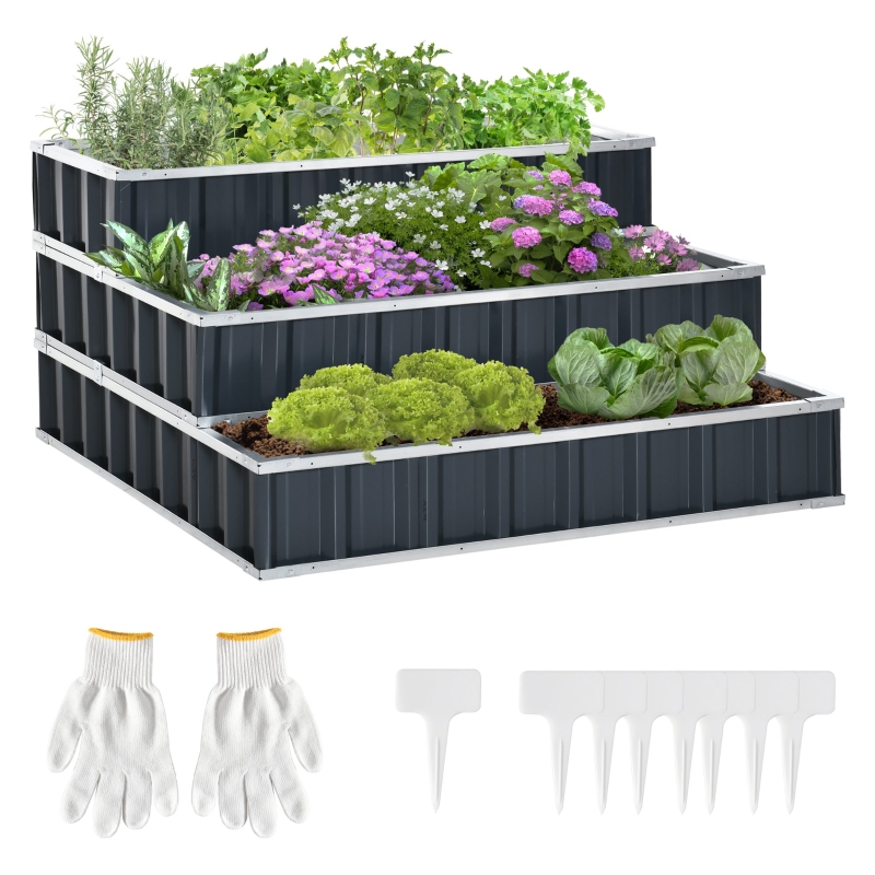 Outsunny 3 Tier Raised Garden Bed, Metal Elevated Planer Box w/ Gloves, Easy Assembly, 118L x 118W x 62Hcm