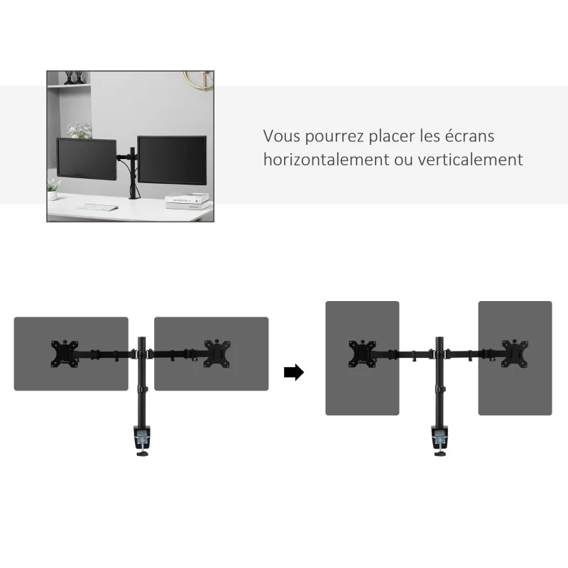 Vinsetto Support écran PC à double support pour 2 moniteur de 13-32 pouces réglable en hauteur inclinable et pivotant supportant VESA 75x75/100x100 mm en acier stable noir