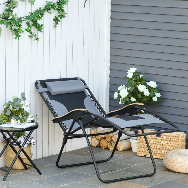 Outsunny Chaise Longue Pliable zéro gravité Dossier réglable Tablette tétière métal époxy Polyester Coton Gris Noir
