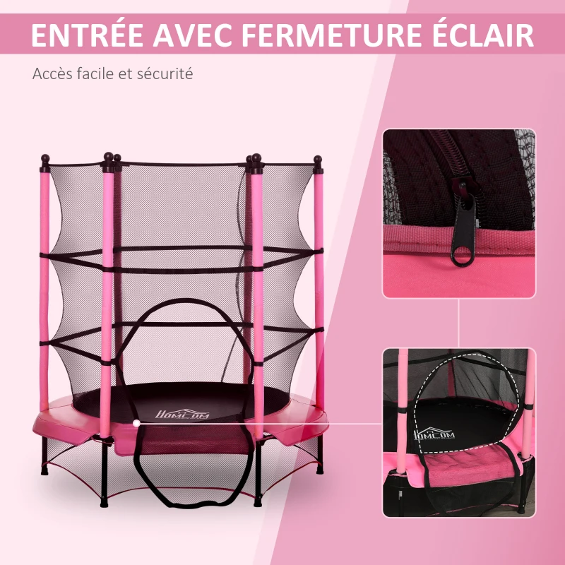 HOMCOM Trampoline Enfant Ø 1,40 × 1,58H m Filet de sécurité Porte zipée Couvre-Ressorts 6 poteaux rembourrés Inclus Rose